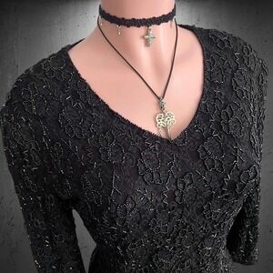 Vintage Classic Creations Beaded Lace V-Neck Top L Black Goth Whimsigoth Evening